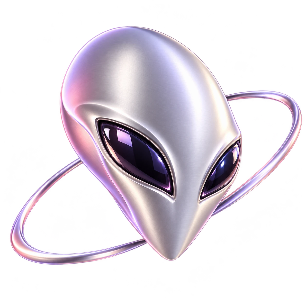 Alien cromado con una órbita y reflejos lavanda y rosa