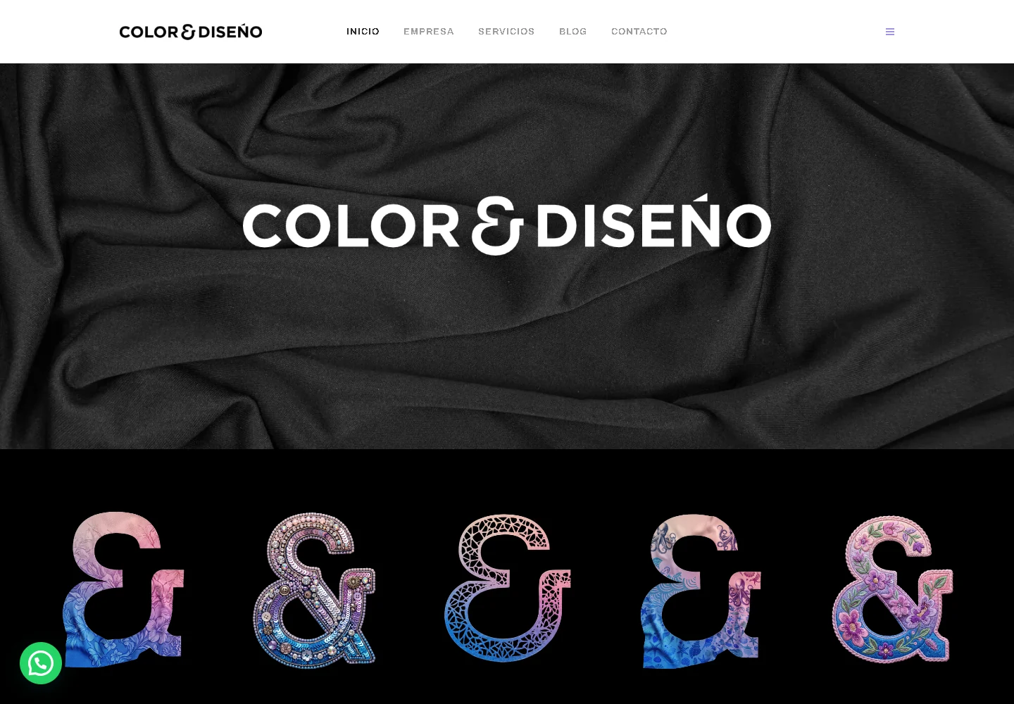 Captura real de la web de Color & Diseño, con su identidad visual y sus servicios textiles
